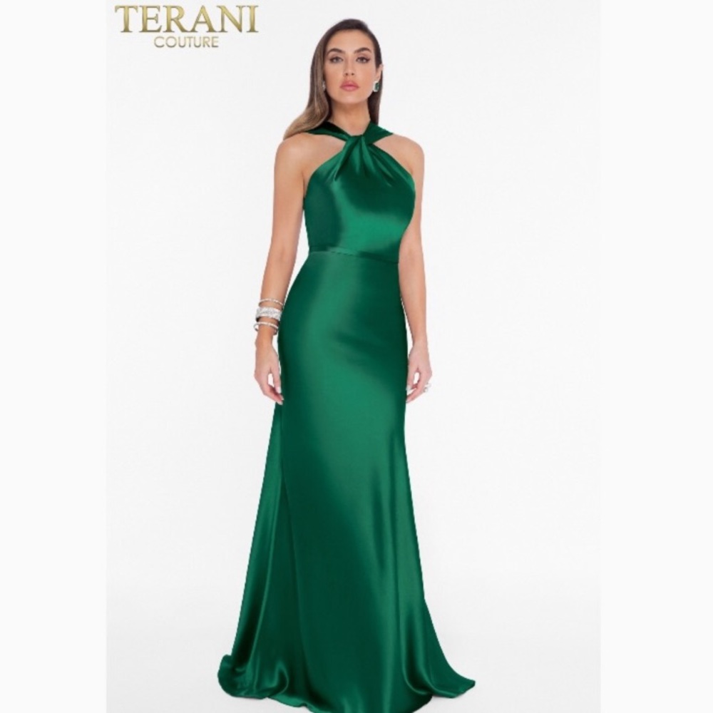 Terani Couture Emerald Satin Column Gown Size 2
